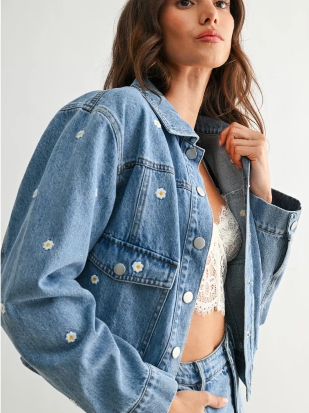 Camellia Embroidered Daisy Blue Denim Jacket - Picture 2 of 2